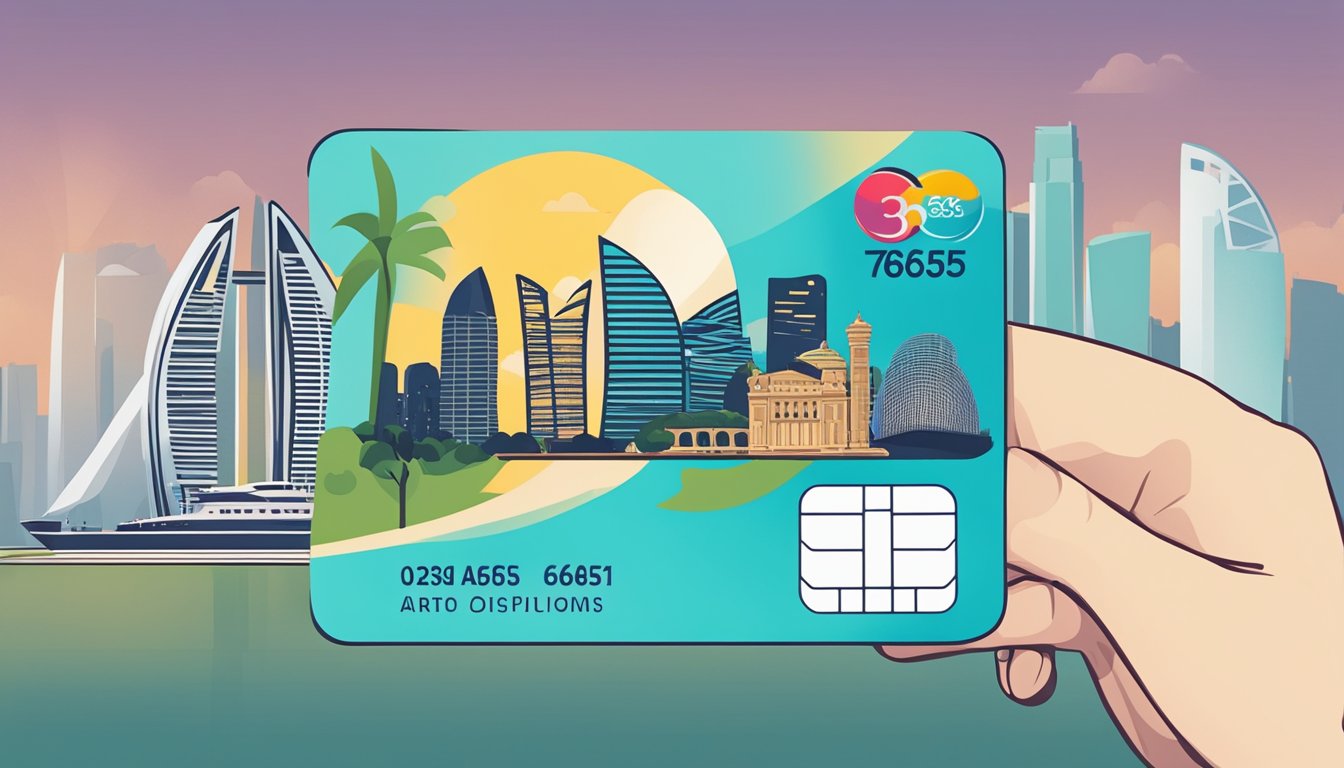 A hand holding a credit card with "365" on it, against a backdrop of iconic Singapore landmarks