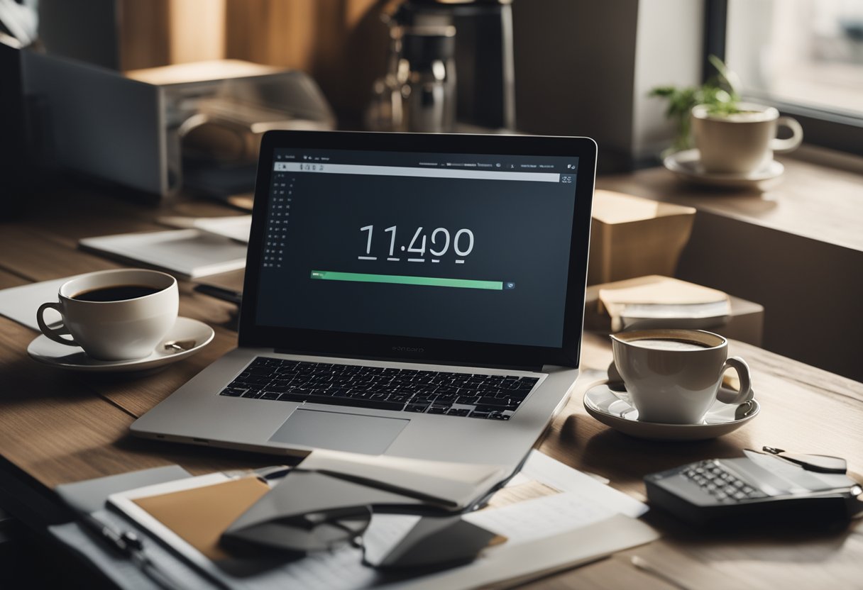 A cluttered desk with a laptop, notebook, and coffee cup. A clock on the wall shows the time. A calendar with deadlines and to-do lists