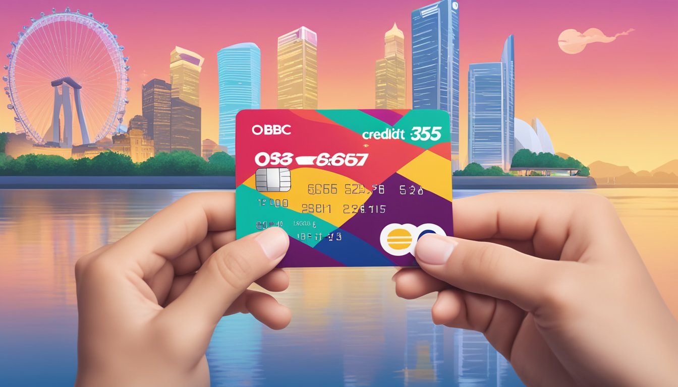 A hand holding an OCBC 365 credit card, with a cashback icon and a dining icon visible on the card, against a backdrop of iconic Singapore landmarks