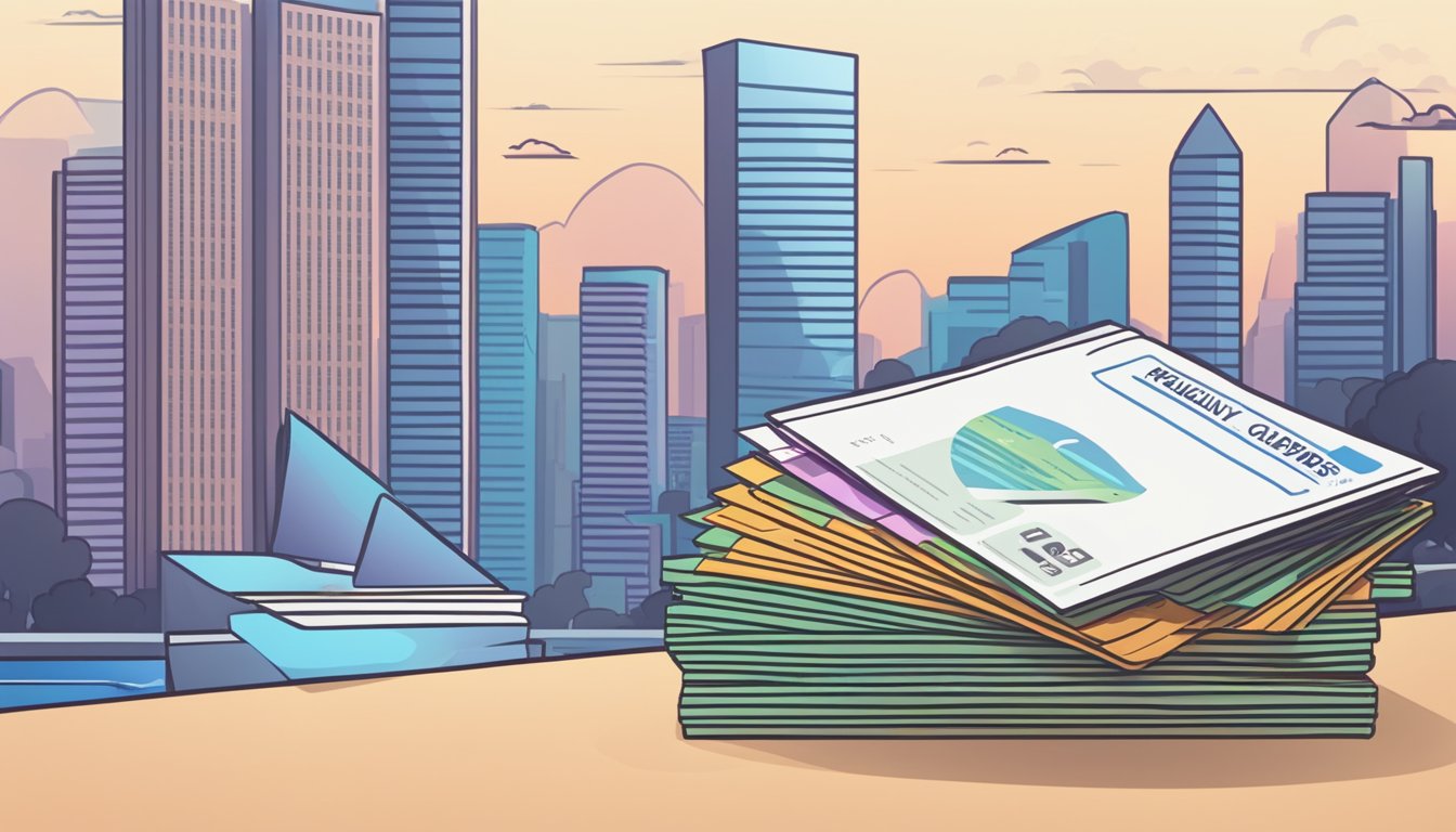 A stack of "Frequently Asked Questions" papers next to a 365 credit card against a Singapore backdrop