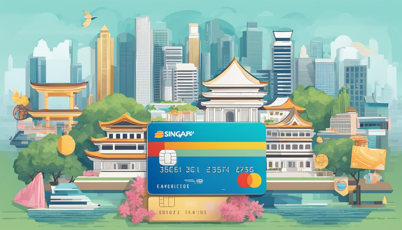 A credit card surrounded by Singaporean landmarks, with a "365" logo and a rebate amount displayed