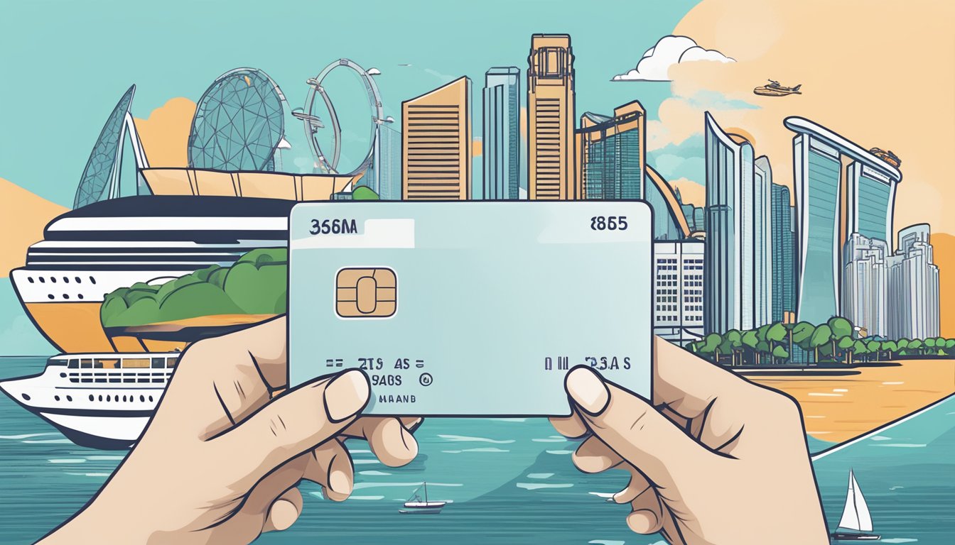 A hand holding a 365 credit card with various Singaporean landmarks in the background, such as the Marina Bay Sands and the Singapore Flyer