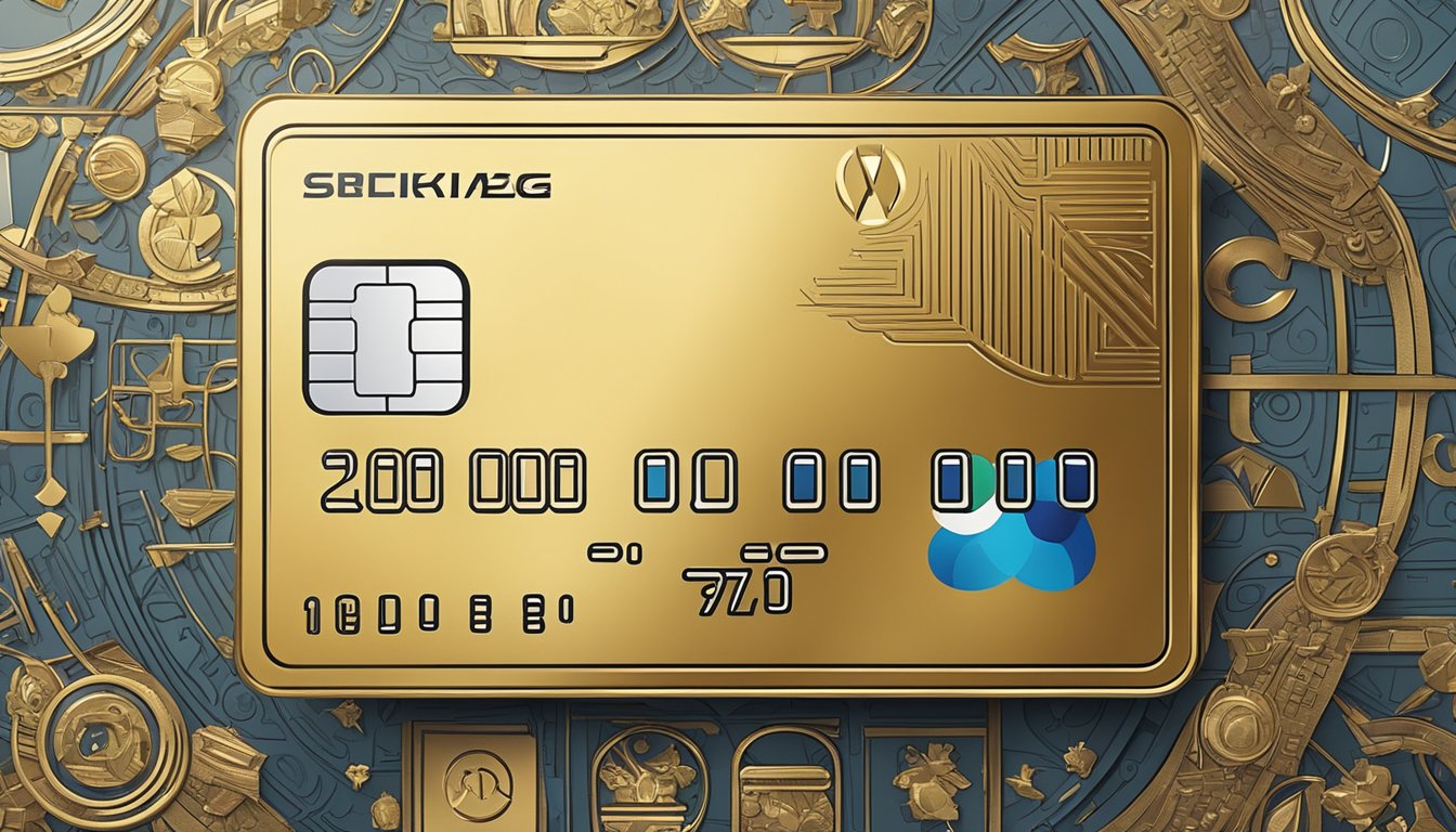 A gleaming credit card surrounded by luxury logos and symbols, showcasing exclusive perks and partnerships for the discerning consumer