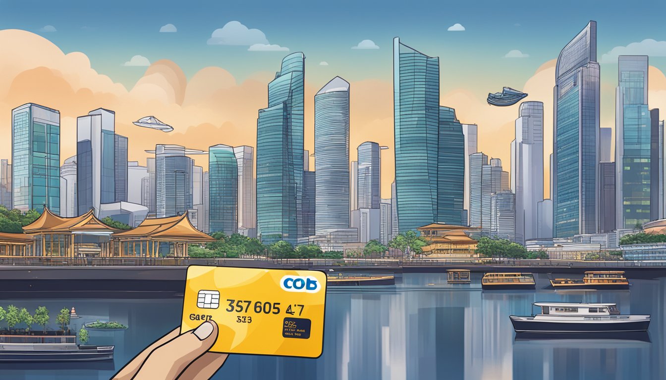The scene shows a stack of cashback rebates next to the OCBC 365 credit card, with a prominent Singaporean landmark in the background