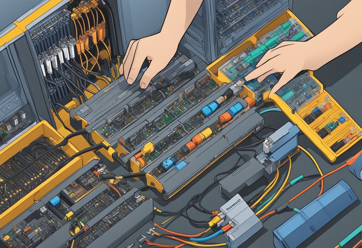 A hand reaches for various PSU cables, sorting through them to find the right ones for different hardware components