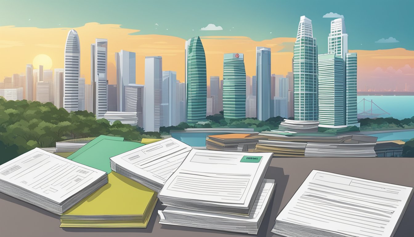A stack of CPF and HDB documents with accrued interest, set against the backdrop of the Singapore skyline