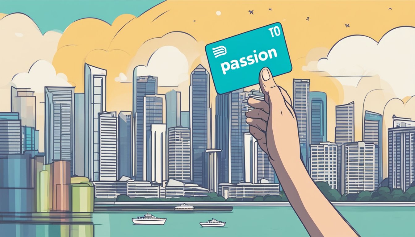A hand reaches out to activate a Passion Card against a backdrop of the Singapore skyline