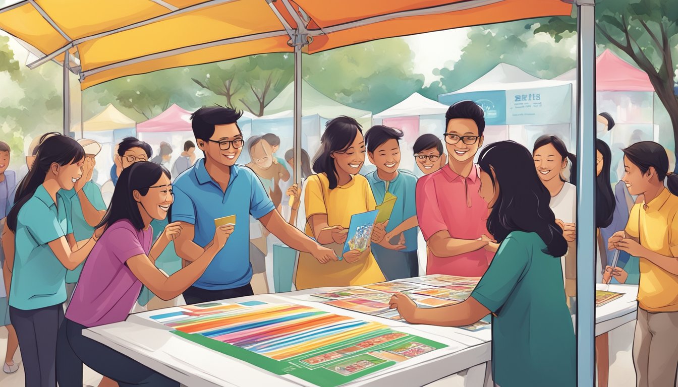 A diverse group of people gather around a vibrant "Passion Card" booth in Singapore, engaging in community activities and sharing their enthusiasm