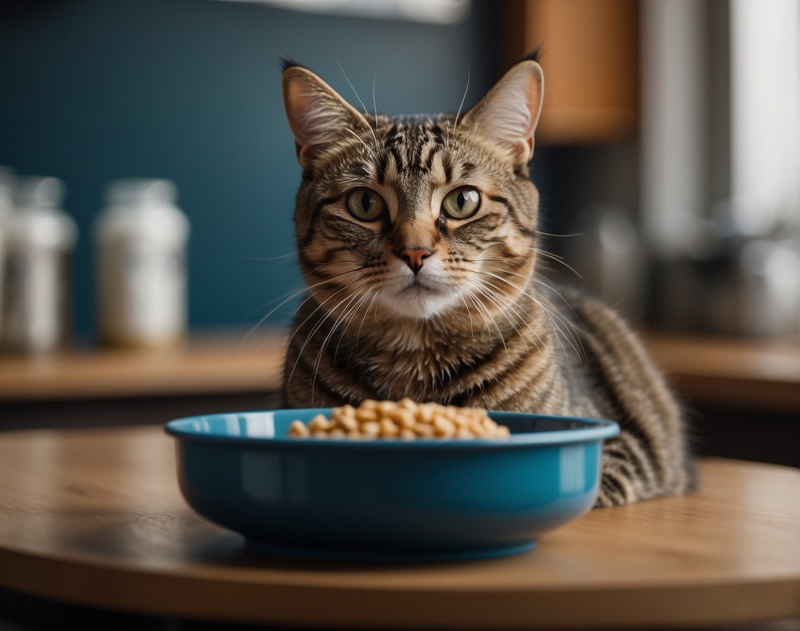 A cat sits beside a full food bowl, turning away from it with a disinterested expression. A small surgical scar is visible on its abdomen