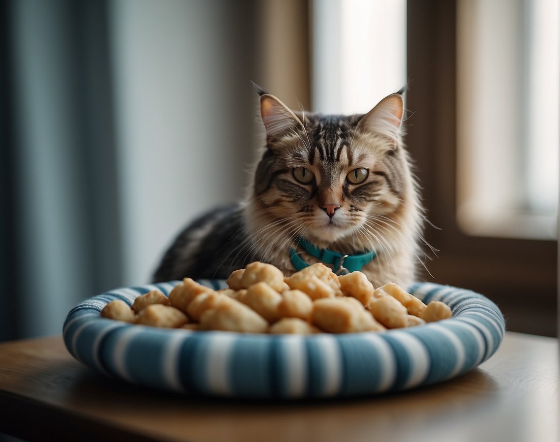 A cat lying on a cozy bed, looking disinterested in its food bowl. The surgical incision is visible on its abdomen