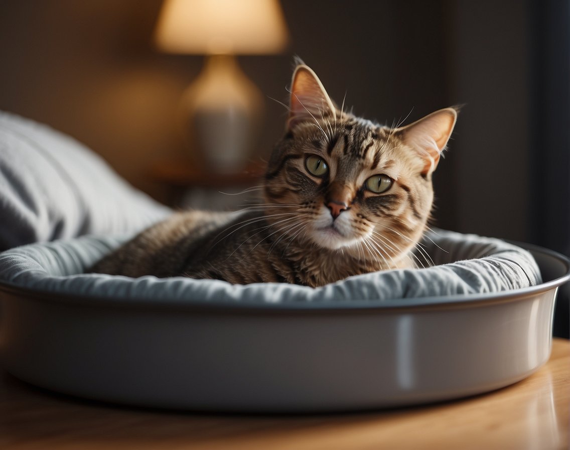 A cat lying in a cozy bed, with a food bowl nearby. The cat appears lethargic and disinterested in eating after the spay surgery