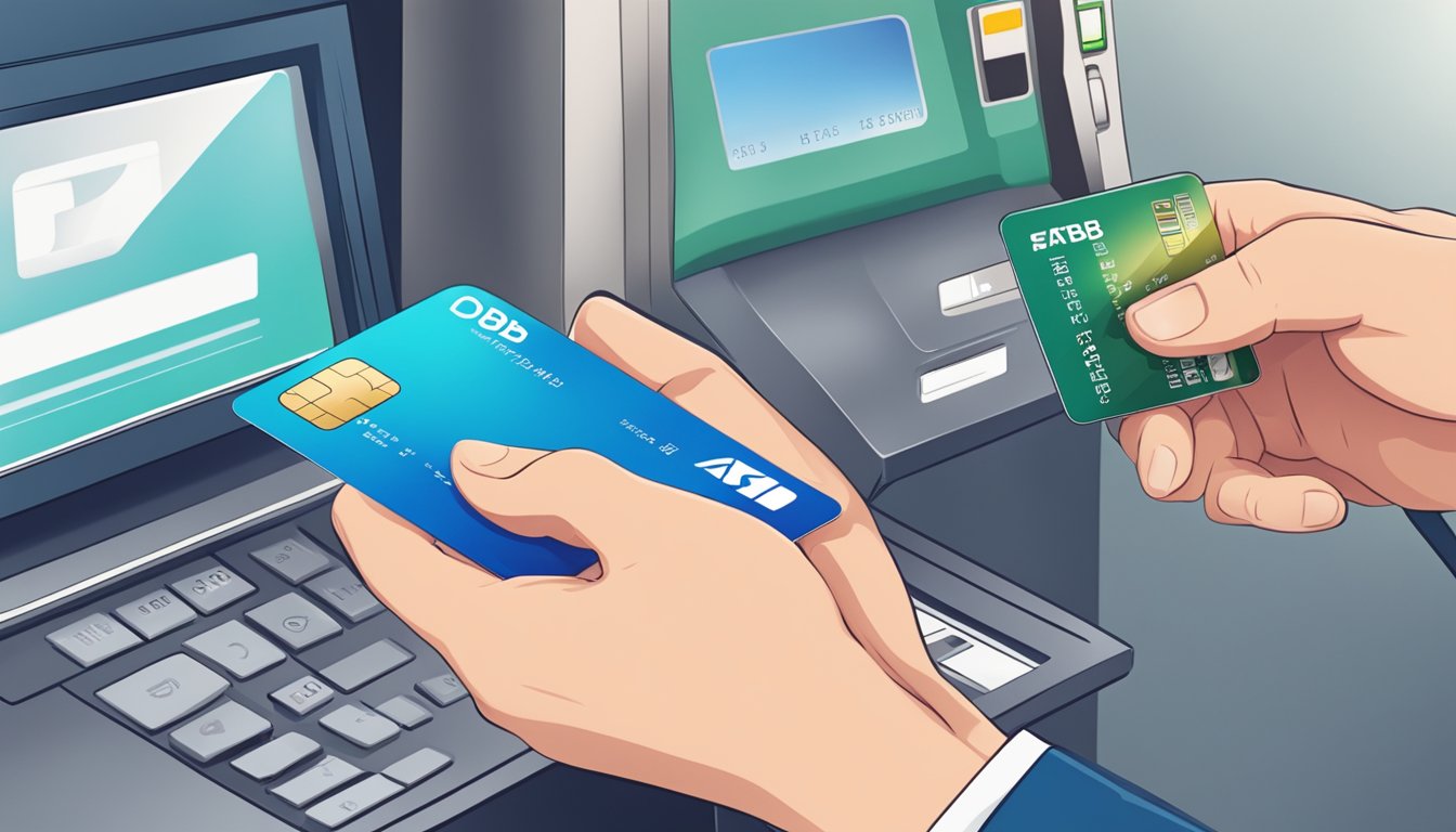 A hand holding a POSB card, with a smartphone, computer, and ATM in the background