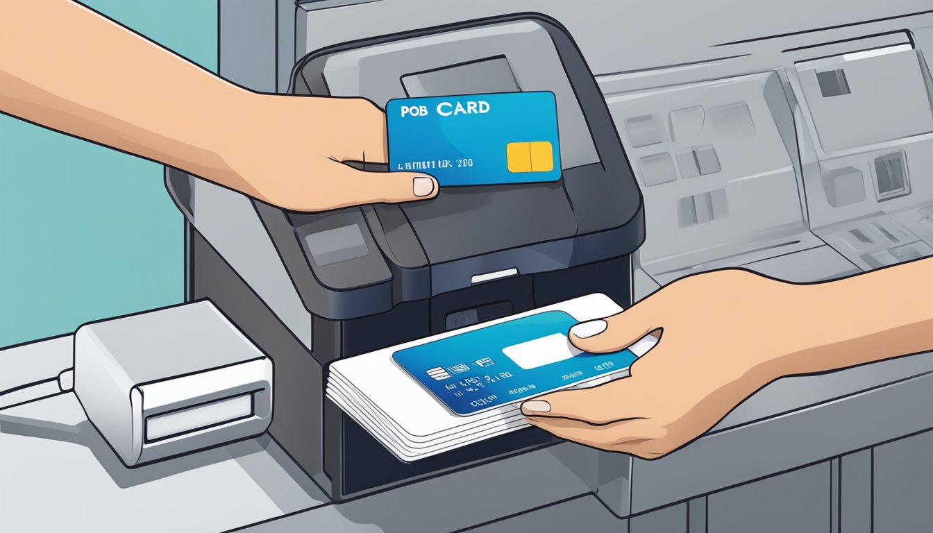 A hand holds a POSB card and taps it on a card reader, activating the card. The POSB logo is visible on the card