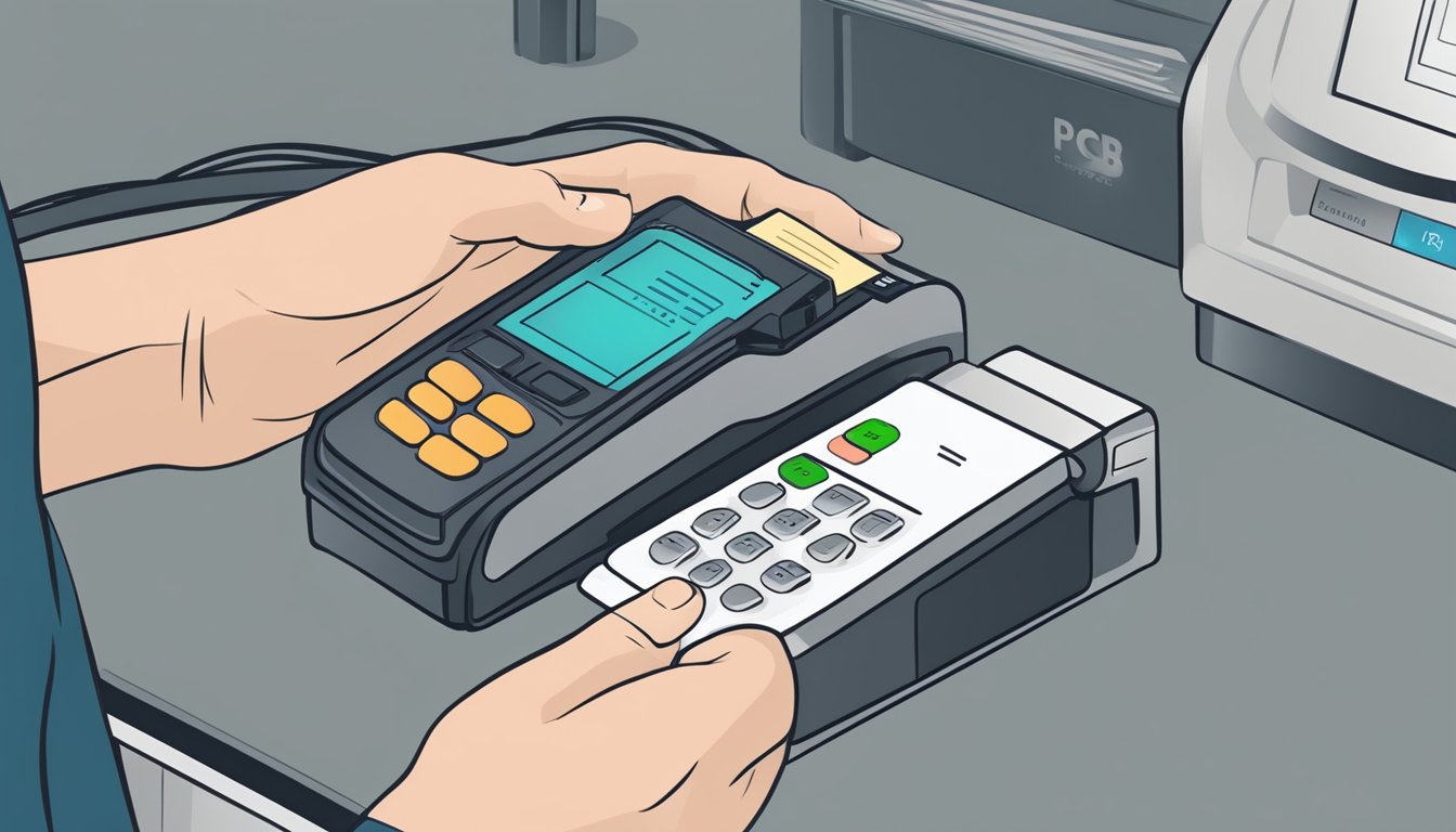 A hand inserting a POSB card into a card reader, with a digital display showing "Additional Services and Features activated."