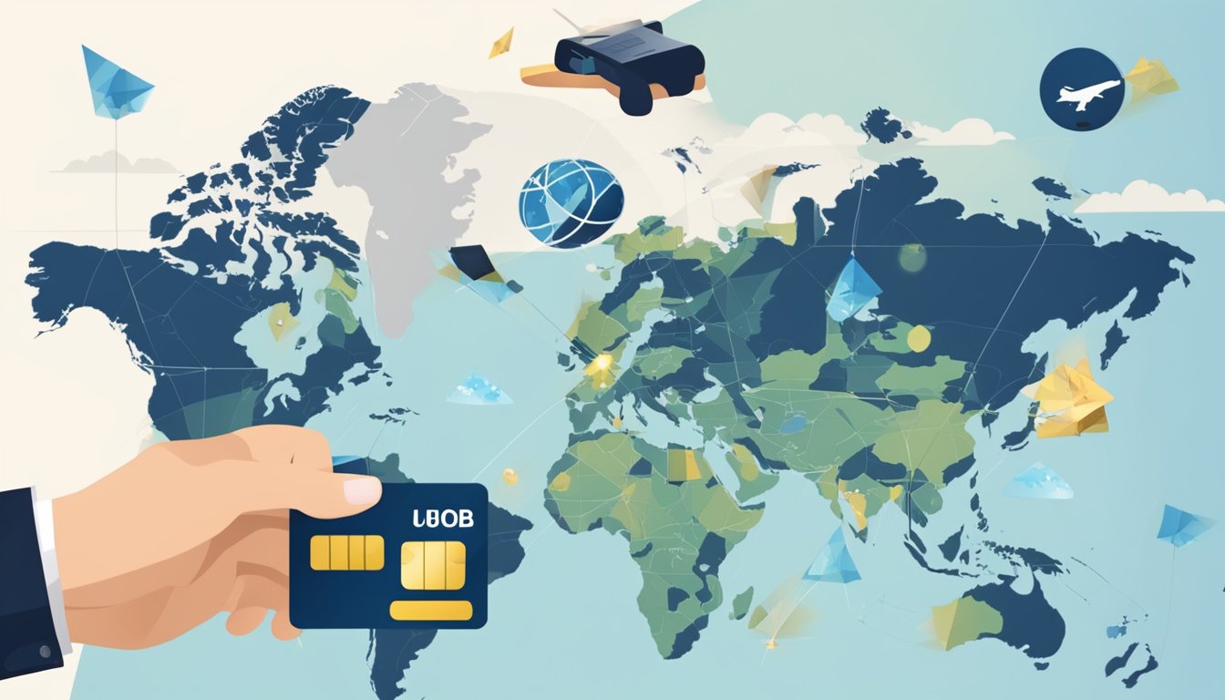 A hand holds a UOB credit card over a world map, with international landmarks in the background, indicating activation for overseas use