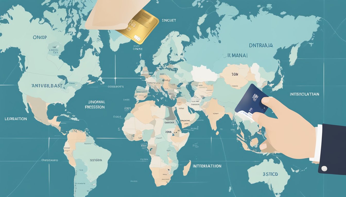 A hand holding a UOB credit card with overseas security features, next to a world map with international destinations highlighted