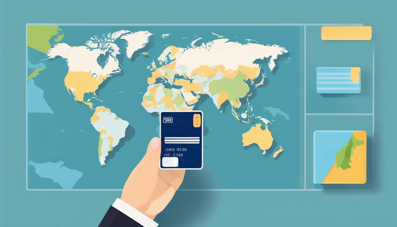 A hand holding a UOB credit card with a world map in the background, indicating overseas use