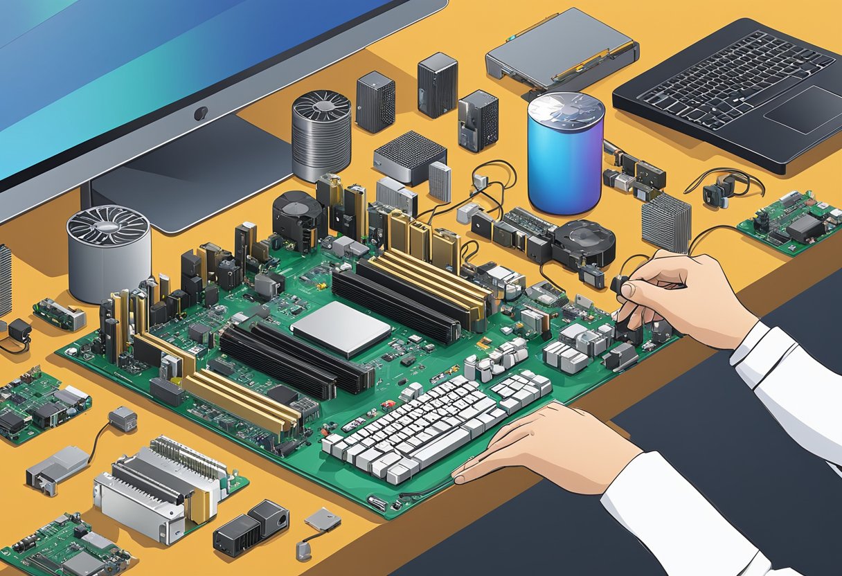 A hand reaches for a selection of computer components, including CPUs, on a workbench