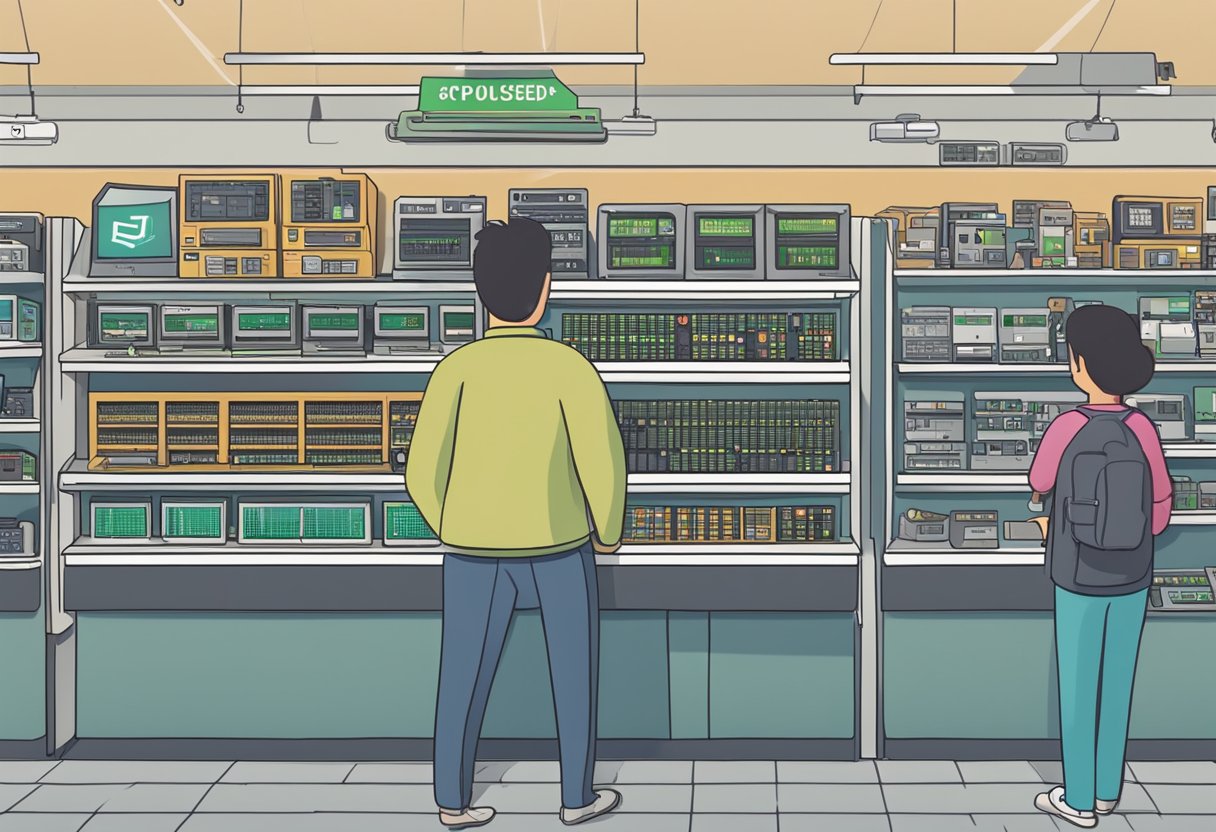 A computer store with shelves of used CPUs, a sign saying "Where to Buy Used CPUs," and a customer inspecting a processor