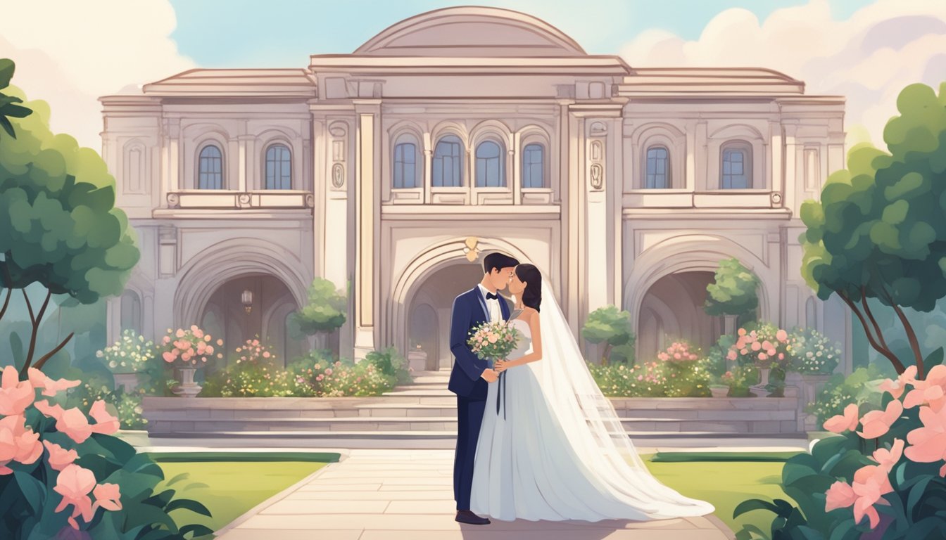 A couple stands in front of a picturesque wedding venue, surrounded by lush gardens and elegant architecture. A sign advertises affordable wedding packages in Singapore