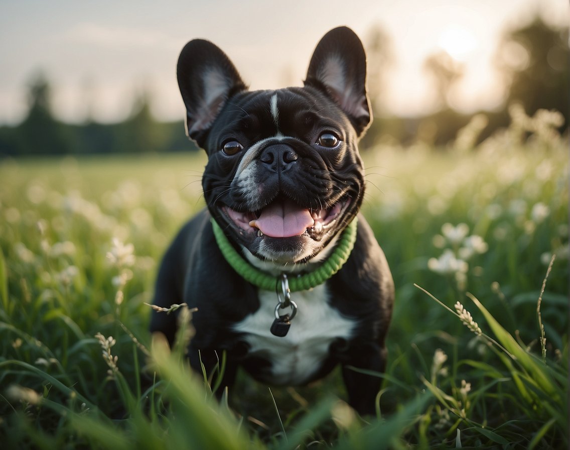 A big rope French Bulldog playing in a green meadow, with a happy expression and a wagging tail