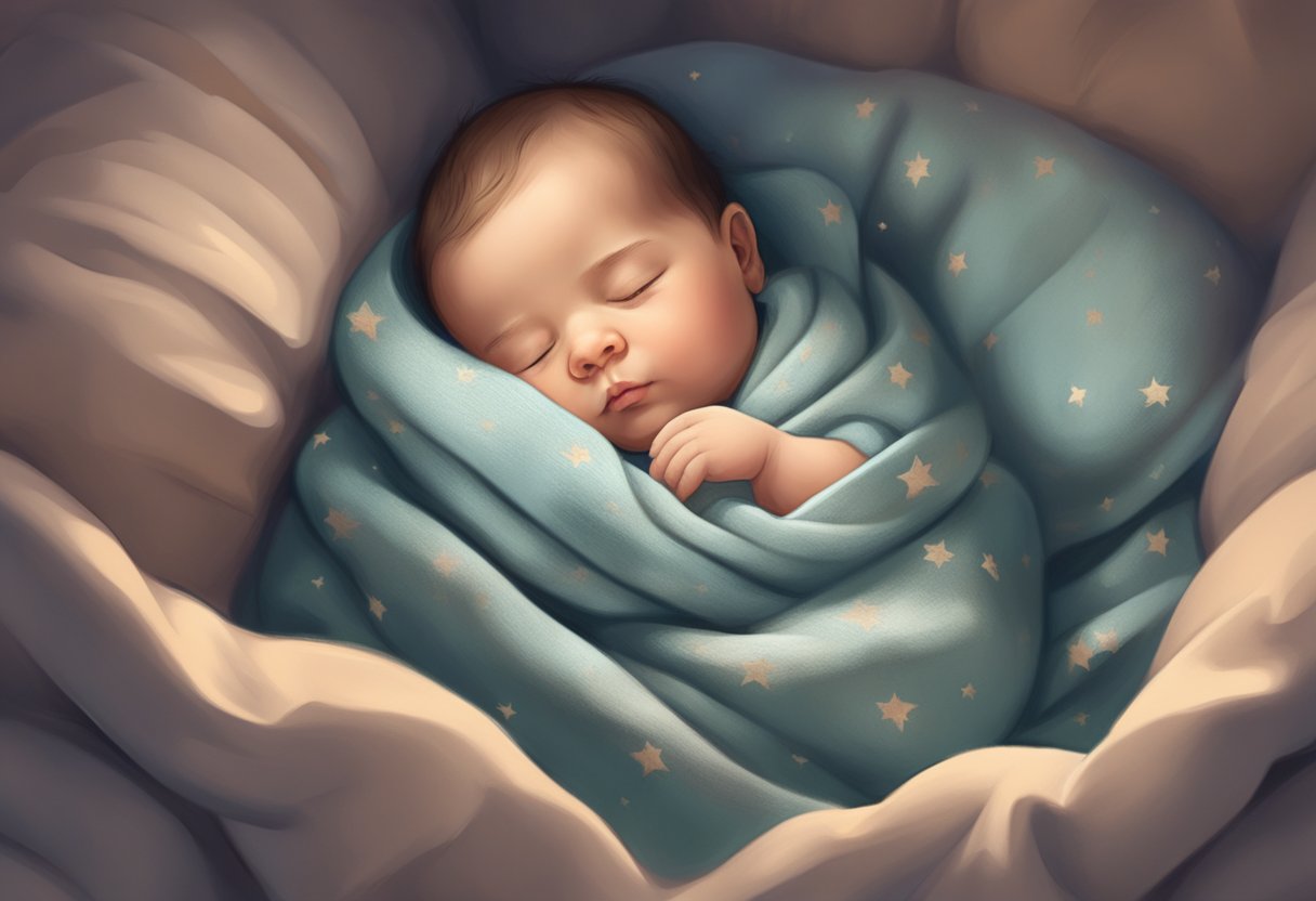 A sleeping baby being gently cradled in a cozy blanket, surrounded by soft pillows and a calming, dimly lit environment