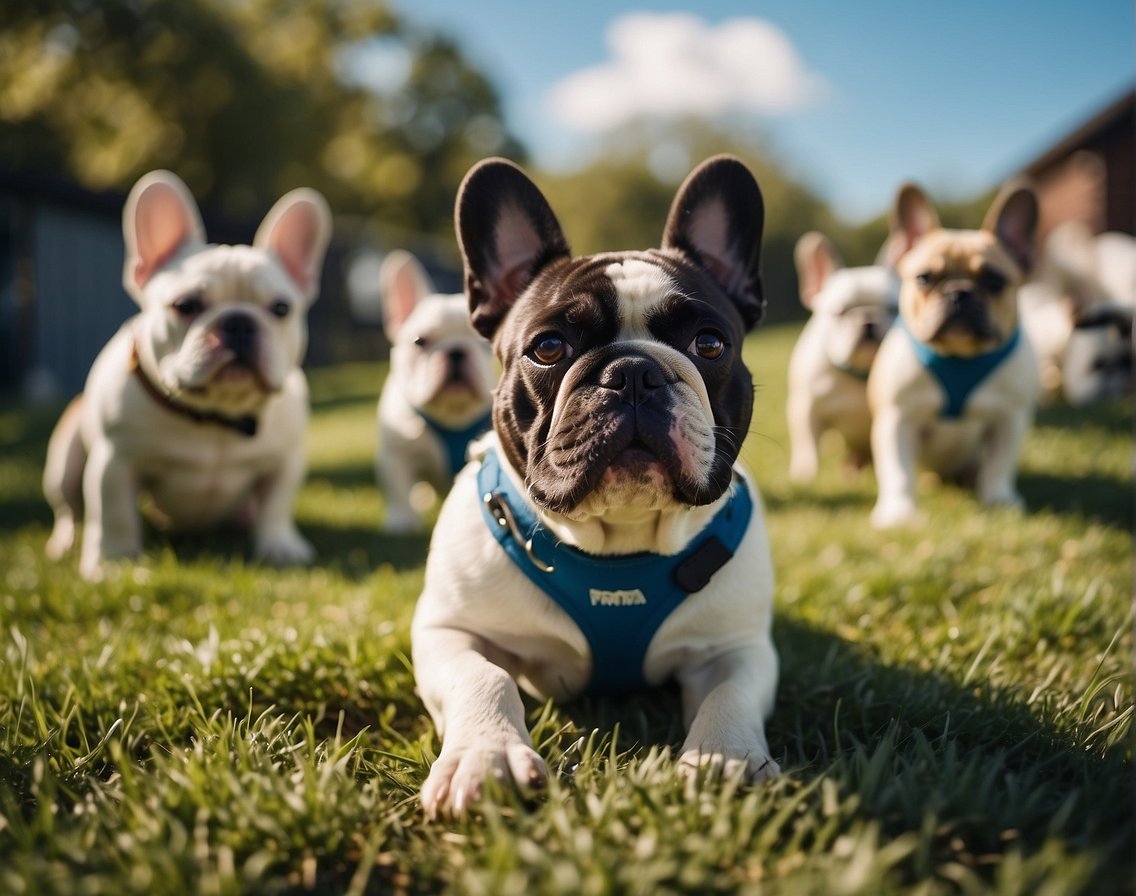 A group of Big Rope French Bulldogs playing in a spacious, grassy yard with a blue sky and fluffy white clouds in the background