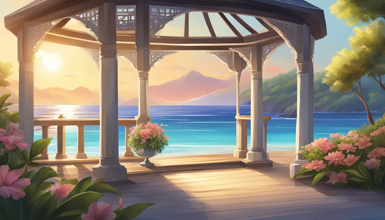 A serene beach setting with a beautiful gazebo adorned with flowers, overlooking the crystal-clear waters and a stunning sunset in the background