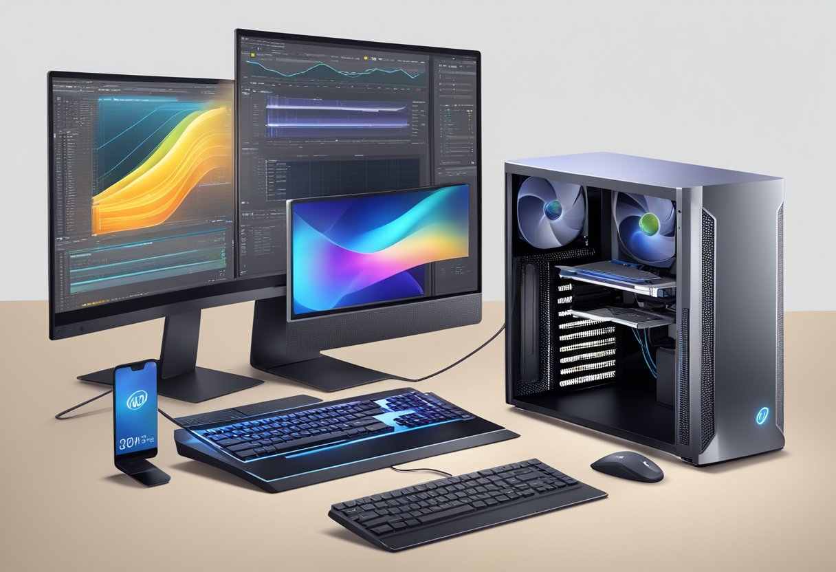 A computer with an i7 CPU, surrounded by technical specifications and performance metrics