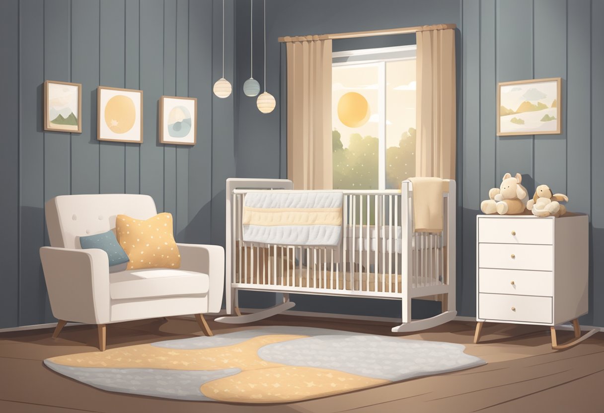 A cozy nursery with dim lighting, a soft rocking chair, and a white noise machine. A crib with a comfortable mattress and breathable bedding