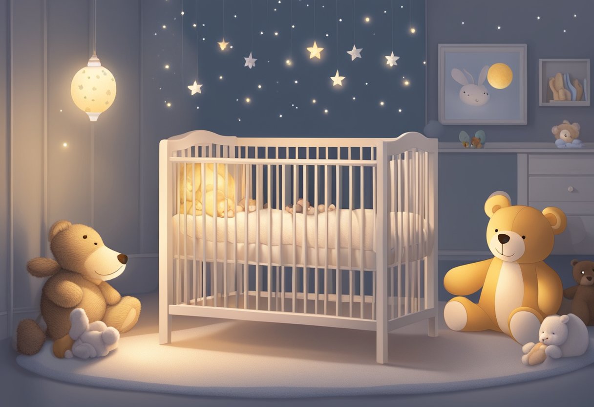 A baby lies peacefully in a crib, surrounded by soft blankets and stuffed animals. A gentle nightlight casts a warm glow, creating a cozy and calming sleep environment