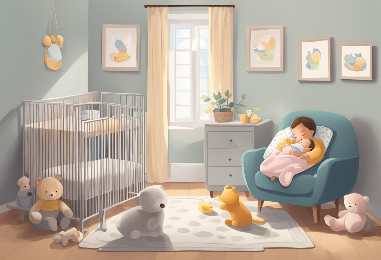 A baby sleeping peacefully in a crib, surrounded by soft blankets and comforting toys, while a parent watches lovingly from a nearby chair