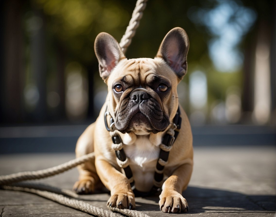 A Big Rope French Bulldog stands proudly, its muscular frame and distinctive wrinkled face capturing attention. A caring owner gently brushes its short, smooth coat, showing love and dedication