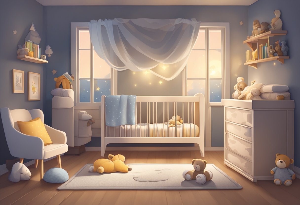 A baby sleeps peacefully in a cozy crib, surrounded by soft blankets and toys. The room is dimly lit with a soothing ambiance, creating a calm and comfortable environment for rest