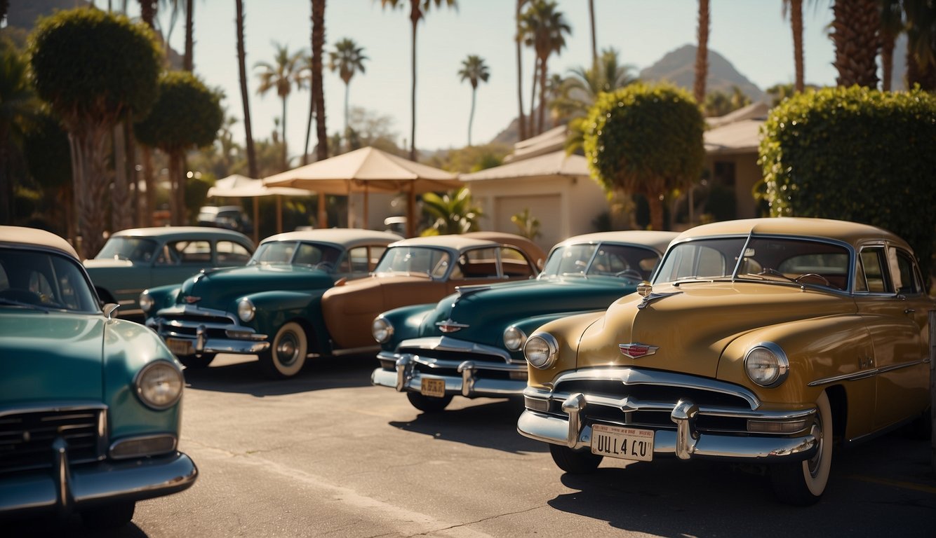 A Hollywood movie set with vintage cars, palm trees, and a director's chair