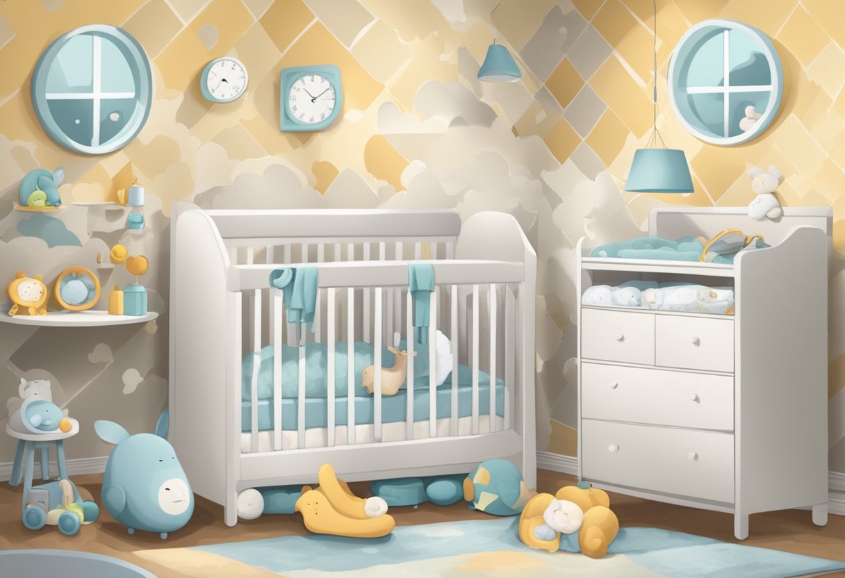 A baby sleeping in a crib with a variety of sleep tools and techniques displayed around the room