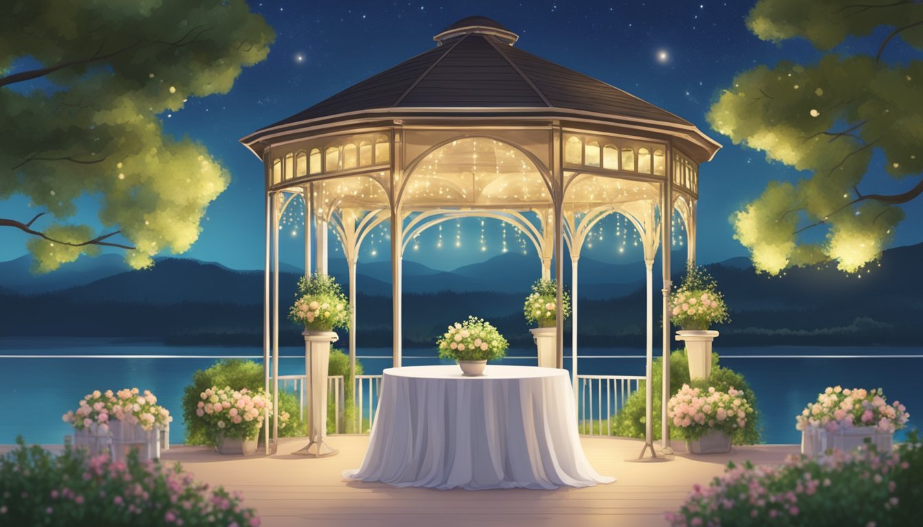A beautiful garden with a gazebo and twinkling lights, set up for a wedding ceremony. A serene lake in the background adds to the romantic atmosphere