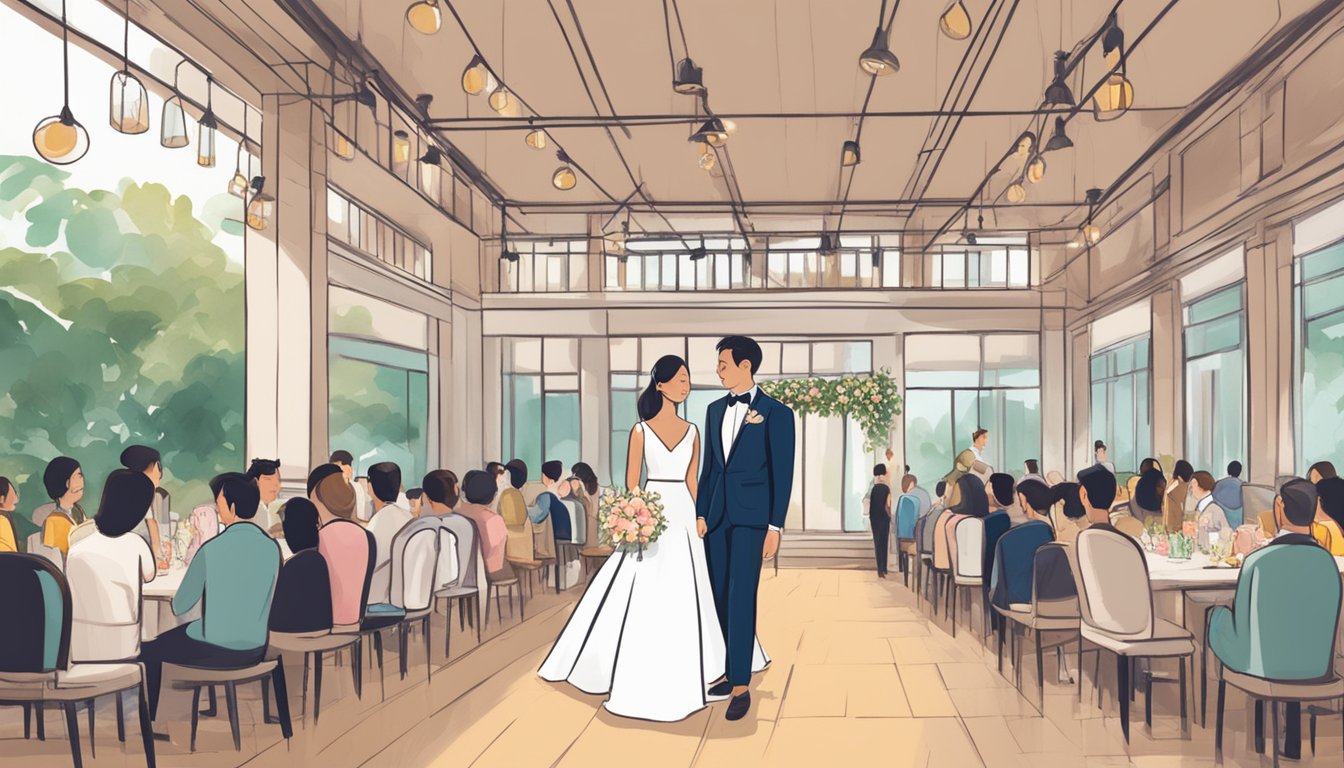 A couple explores various budget-friendly wedding venues in Singapore, comparing prices and amenities