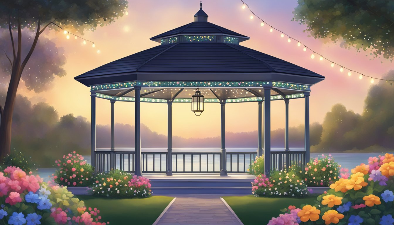A charming garden gazebo adorned with twinkling lights and colorful flowers, set against a backdrop of a serene lake and lush greenery