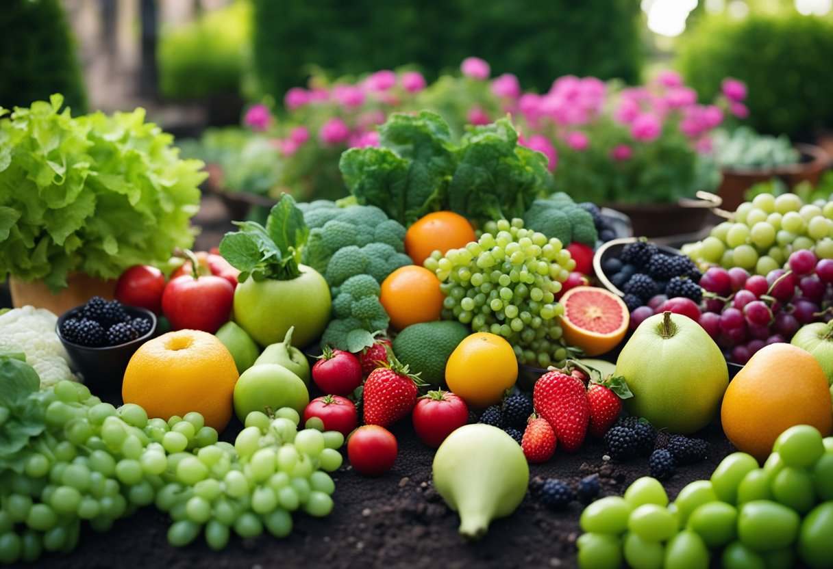 Gut health and hunger control - A vibrant garden with colorful fruits and vegetables, surrounded by a peaceful and serene environment, evoking feelings of balance and harmony