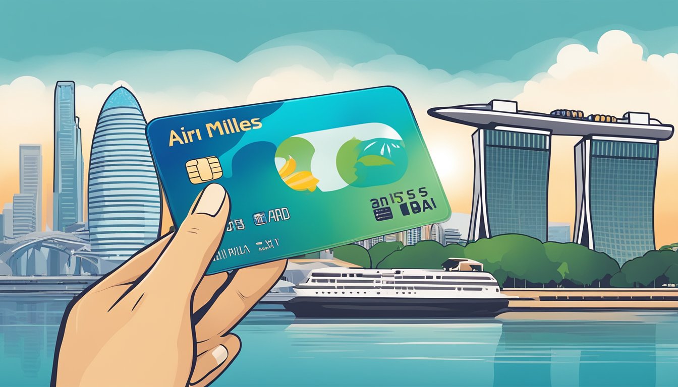 A hand holding a credit card with "Air Miles" logo, against a backdrop of iconic Singapore landmarks like the Marina Bay Sands and the Singapore Flyer