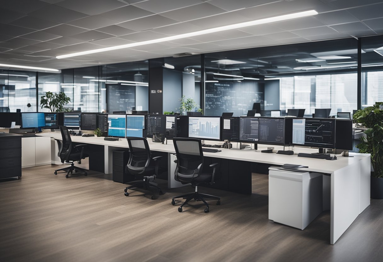 A bustling office with modern decor, filled with enthusiastic employees collaborating on innovative projects. The walls are adorned with motivational quotes and charts displaying exponential growth