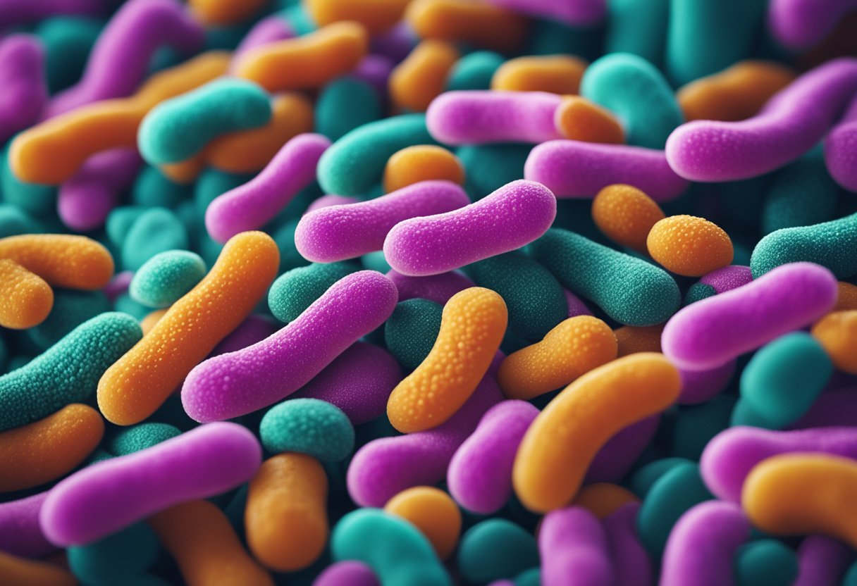 Gut health and hunger control - A vibrant, healthy gut with colorful bacteria and a satisfied stomach signaling hunger control