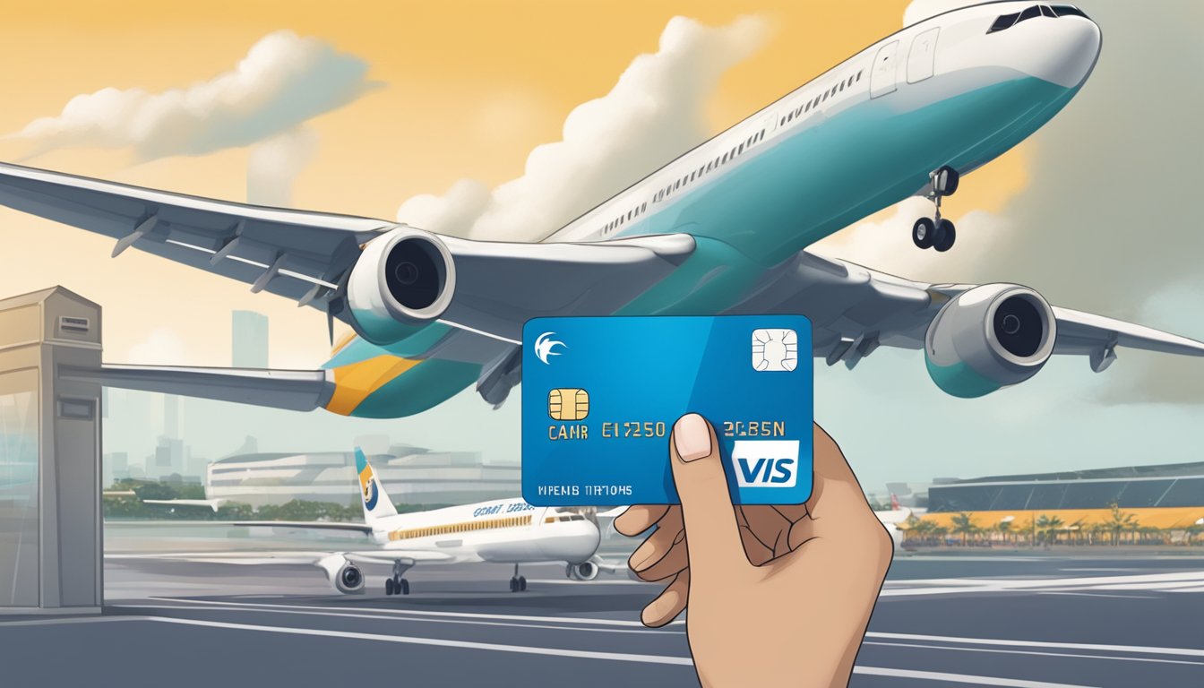 A traveler swipes an air miles credit card at a Singapore airport, with a plane taking off in the background