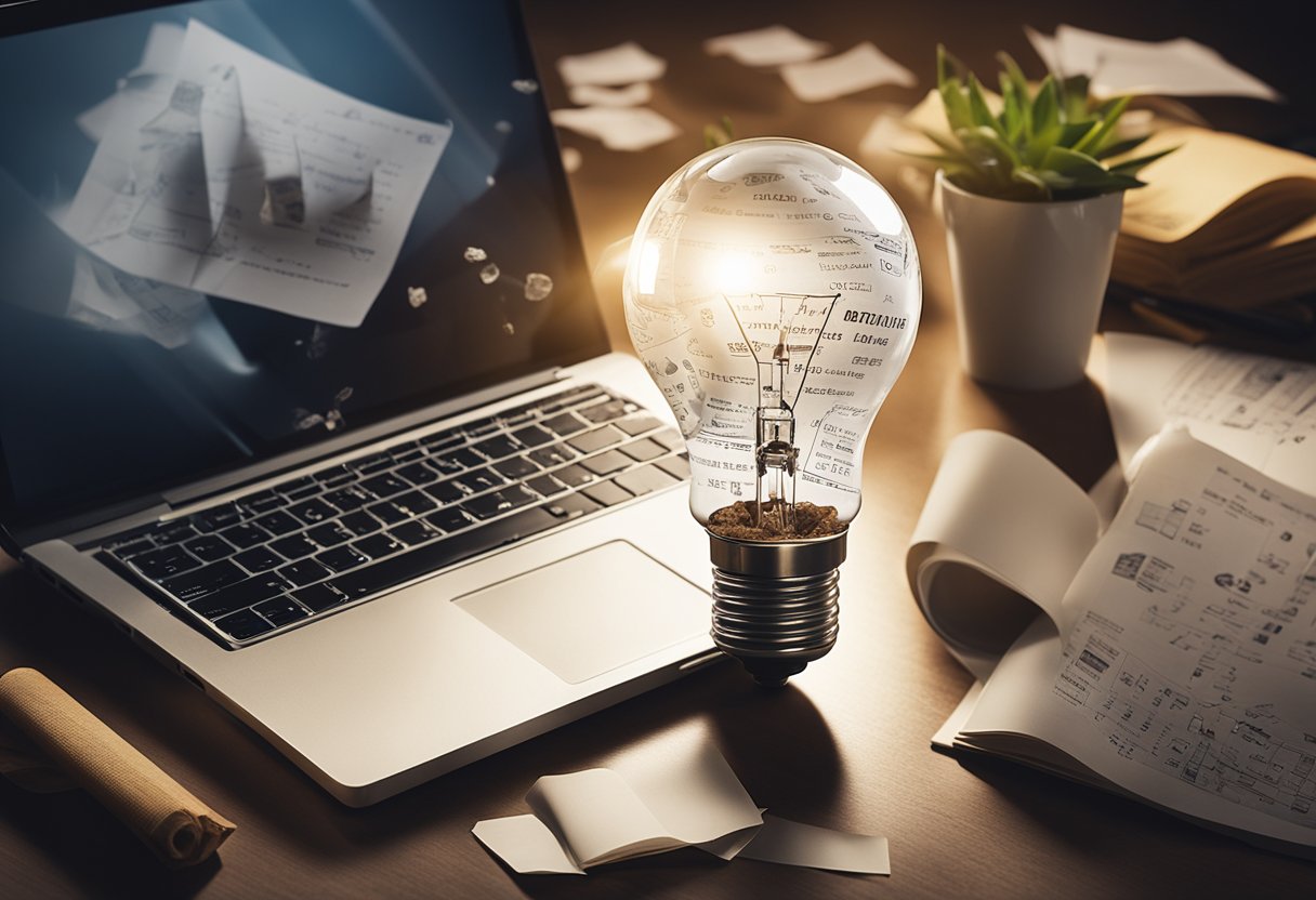 A lightbulb illuminates above a crumpled paper with scattered sketches and notes. A laptop with a startup logo sits open, surrounded by books and a mug of coffee