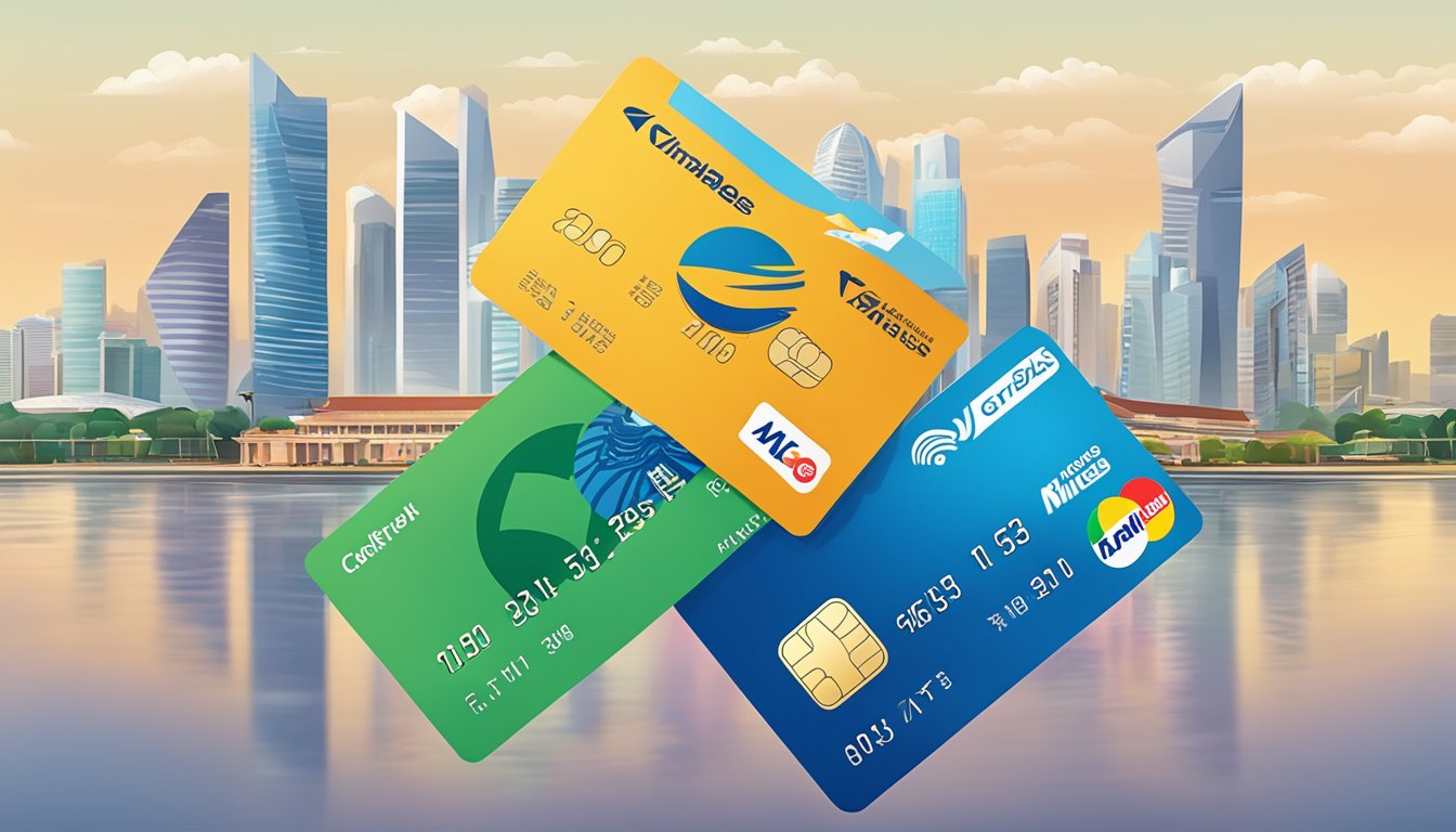 A stack of credit cards with "Air Miles" logos, set against a Singapore cityscape backdrop
