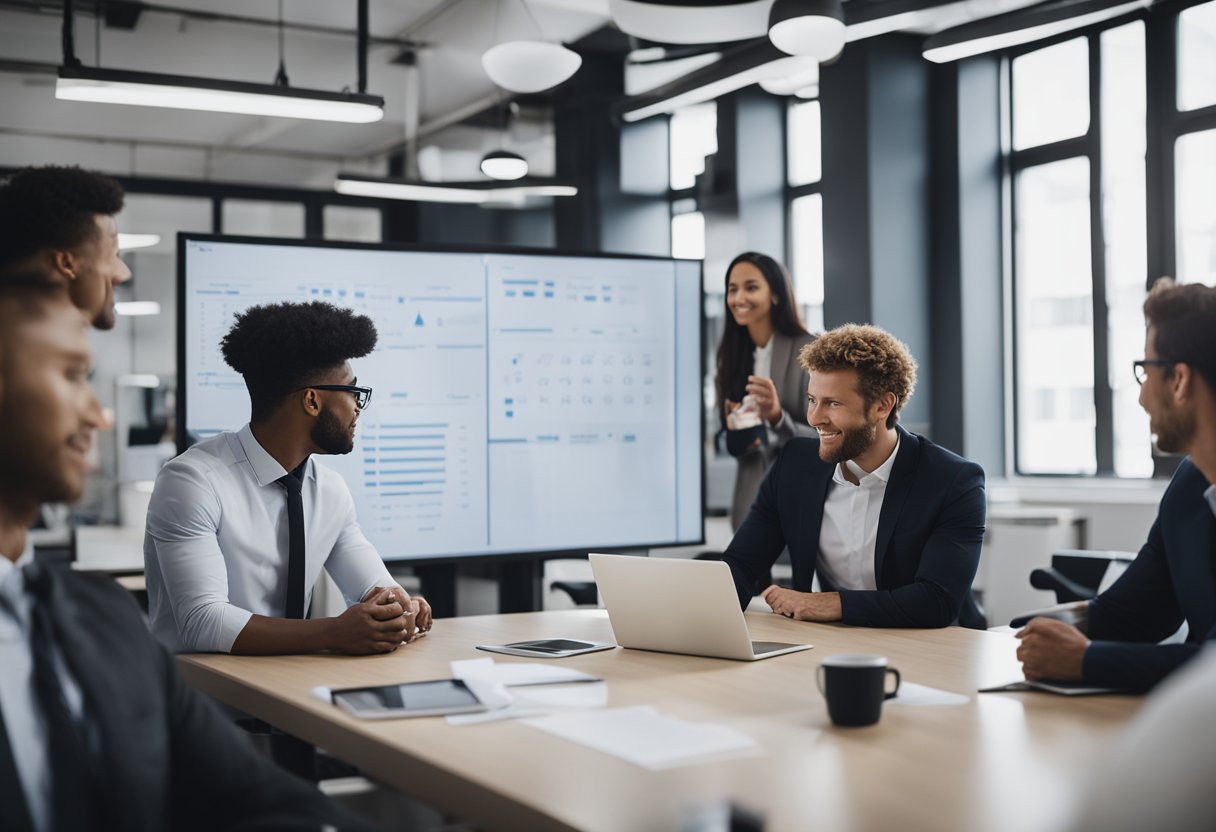 A modern office space with a whiteboard filled with ambitious goals for 2024. A team of diverse professionals brainstorming and strategizing for startup success
