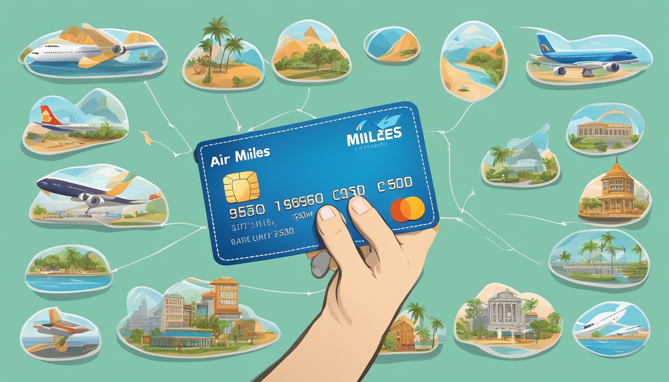 A hand holding an air miles credit card with various travel-related perks and benefits displayed around it