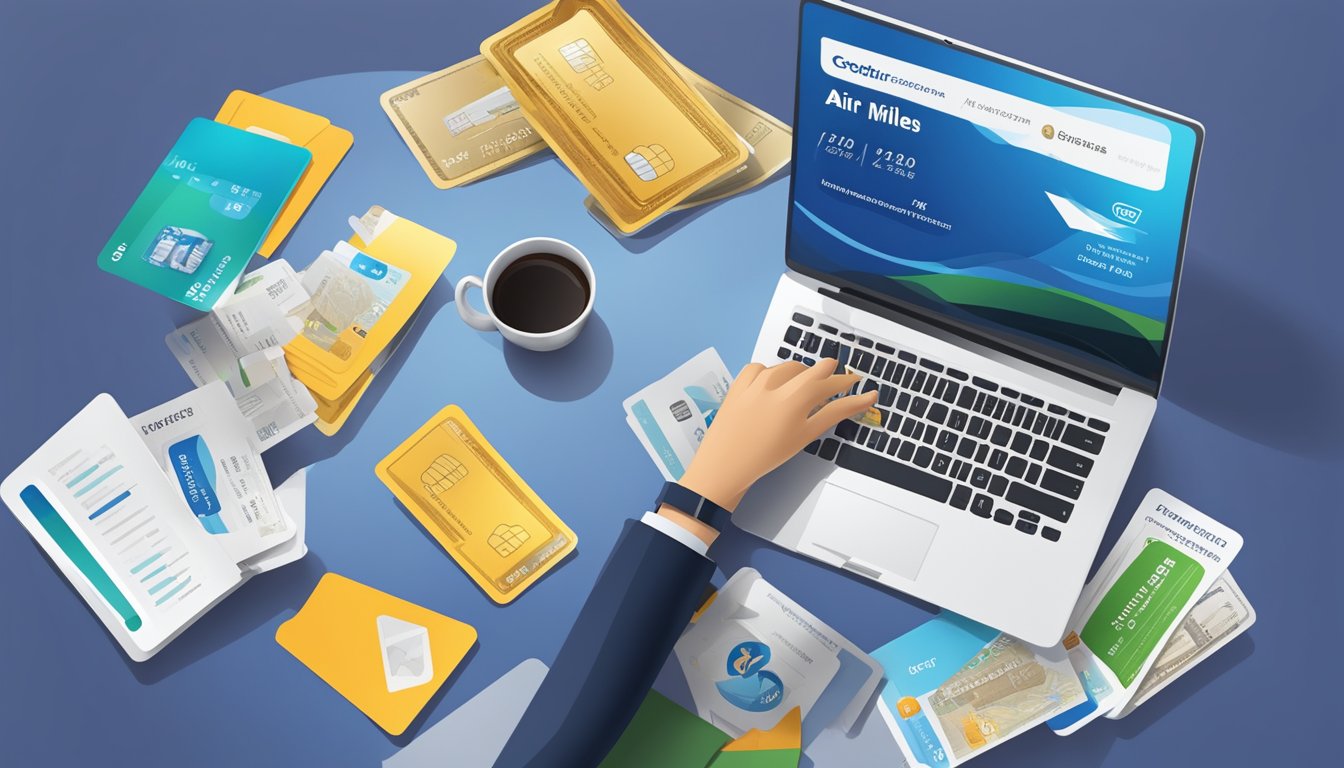 A person comparing different air miles credit cards, surrounded by travel brochures and a laptop
