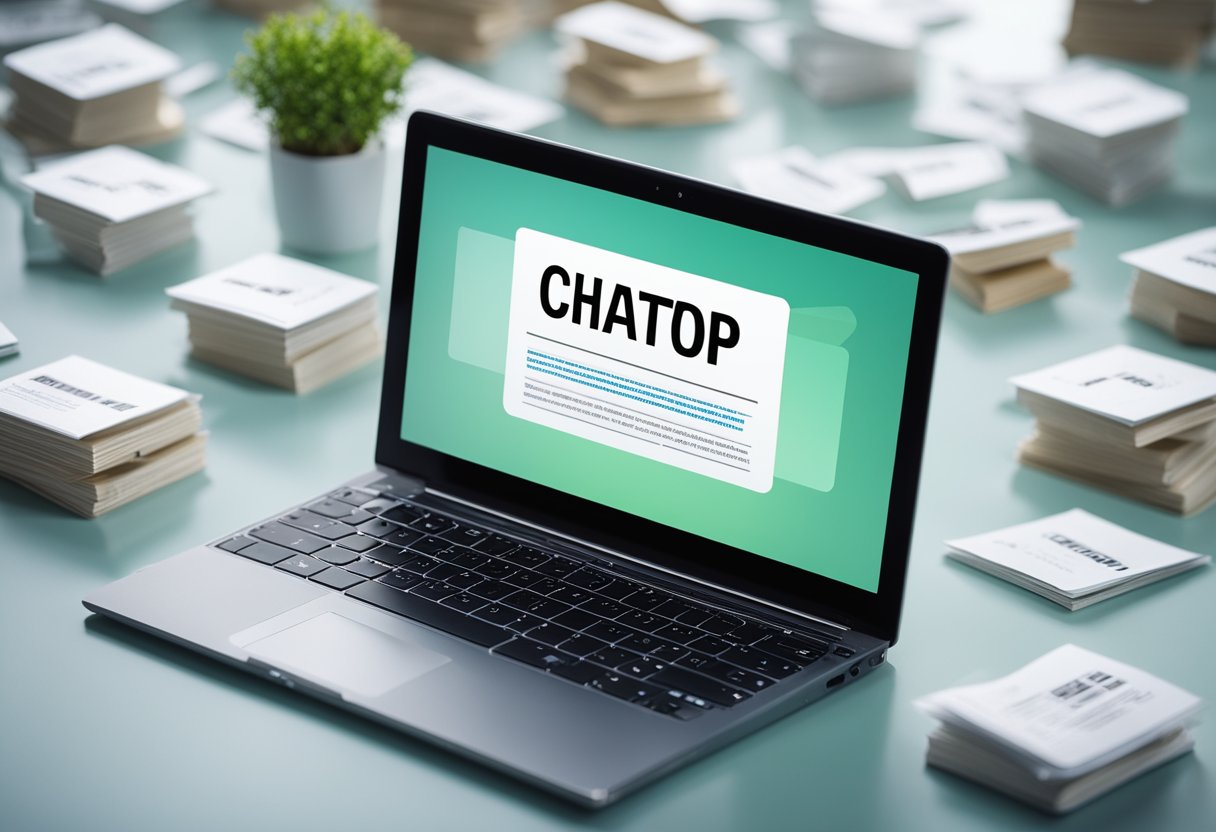 Chatpdf is a digital platform. A laptop with the Chatpdf website open, surrounded by question marks, represents the frequently asked questions